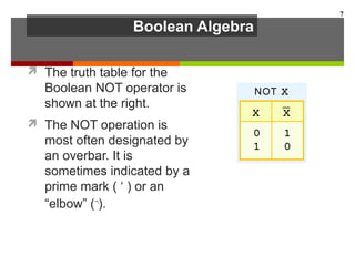 Boolean Algebra
 The truth table for the
Boolean NOT operator is
shown at the right.
 The NOT operation is
most often designated by
an overbar. It is
sometimes indicated by a
prime mark ( ‘ ) or an
“elbow” (¬
).
7
 