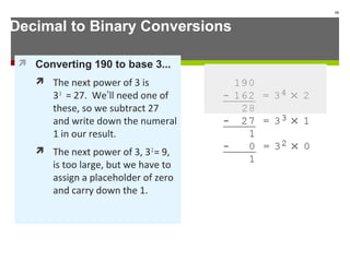 Decimal to Binary Conversions
 Converting 190 to base 3...
 The next power of 3 is
33
= 27. We’ll need one of
these, so we subtract 27
and write down the numeral
1 in our result.
 The next power of 3, 32
= 9,
is too large, but we have to
assign a placeholder of zero
and carry down the 1.
10
 