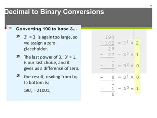 Decimal to Binary Conversions
 Converting 190 to base 3...
 31
= 3 is again too large, so
we assign a zero
placeholder.
 The last power of 3, 30
= 1,
is our last choice, and it
gives us a difference of zero.
 Our result, reading from top
to bottom is:
19010 = 210013
11
 