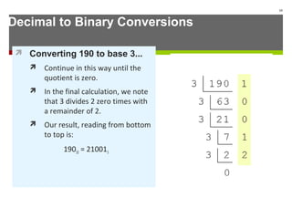 Decimal to Binary Conversions
 Converting 190 to base 3...
 Continue in this way until the
quotient is zero.
 In the final calculation, we note
that 3 divides 2 zero times with
a remainder of 2.
 Our result, reading from bottom
to top is:
19010 = 210013
15
 
