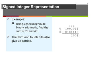 Signed Integer Representation
 Example:
 Using signed magnitude
binary arithmetic, find the
sum of 75 and 46.
 The third and fourth bits also
give us carries.
33
 
