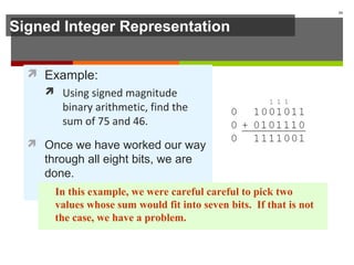 Signed Integer Representation
 Example:
 Using signed magnitude
binary arithmetic, find the
sum of 75 and 46.
 Once we have worked our way
through all eight bits, we are
done.
34
In this example, we were careful careful to pick two
values whose sum would fit into seven bits. If that is not
the case, we have a problem.
 