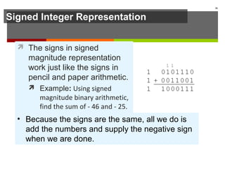 Signed Integer Representation
 The signs in signed
magnitude representation
work just like the signs in
pencil and paper arithmetic.
 Example: Using signed
magnitude binary arithmetic,
find the sum of - 46 and - 25.
36
• Because the signs are the same, all we do is
add the numbers and supply the negative sign
when we are done.
 