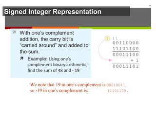 Signed Integer Representation
 With one’s complement
addition, the carry bit is
“carried around” and added to
the sum.
 Example: Using one’s
complement binary arithmetic,
find the sum of 48 and - 19
41
We note that 19 in one’s complement is 00010011,
so -19 in one’s complement is: 11101100.
 