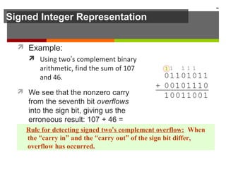 Signed Integer Representation
 Example:
 Using two’s complement binary
arithmetic, find the sum of 107
and 46.
 We see that the nonzero carry
from the seventh bit overflows
into the sign bit, giving us the
erroneous result: 107 + 46 =
-103.
46
Rule for detecting signed two’s complement overflow: When
the “carry in” and the “carry out” of the sign bit differ,
overflow has occurred.
 