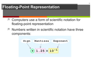 Floating-Point Representation
 Computers use a form of scientific notation for
floating-point representation
 Numbers written in scientific notation have three
components:
57
 