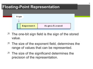 Floating-Point Representation
 The one-bit sign field is the sign of the stored
value.
 The size of the exponent field, determines the
range of values that can be represented.
 The size of the significand determines the
precision of the representation.
59
 