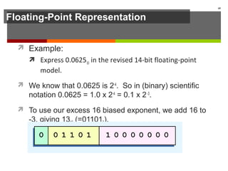 Floating-Point Representation
 Example:
 Express 0.062510 in the revised 14-bit floating-point
model.
 We know that 0.0625 is 2-4
. So in (binary) scientific
notation 0.0625 = 1.0 x 2-4
= 0.1 x 2-3
.
 To use our excess 16 biased exponent, we add 16 to
-3, giving 1310 (=011012).
68
 