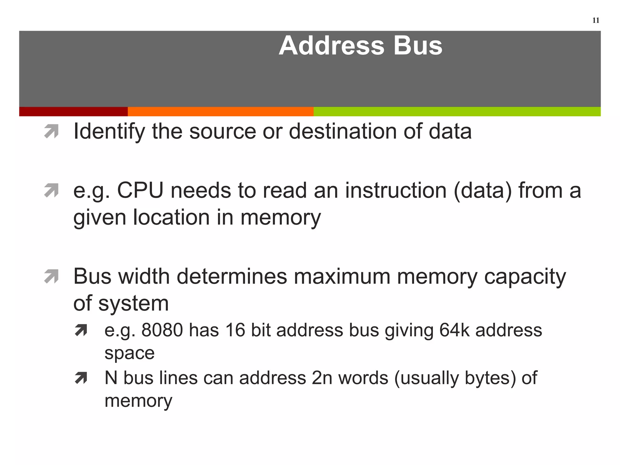 Address Bus
 Identify the source or destination of data
 e.g. CPU needs to read an instruction (data) from a
given location in memory
 Bus width determines maximum memory capacity
of system
 e.g. 8080 has 16 bit address bus giving 64k address
space
 N bus lines can address 2n words (usually bytes) of
memory
11
 