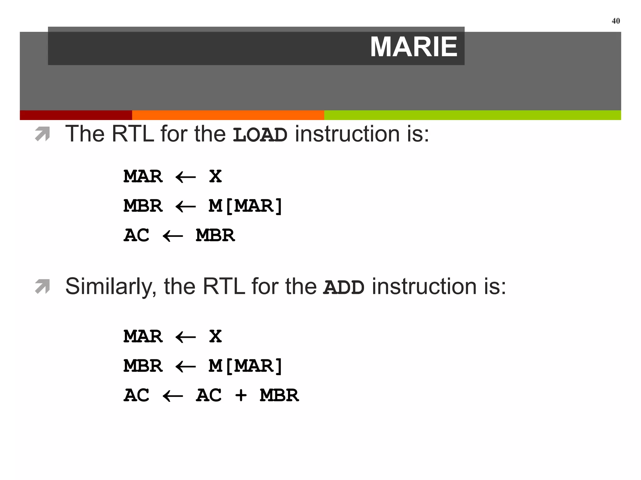 MARIE
 The RTL for the LOAD instruction is:
 Similarly, the RTL for the ADD instruction is:
40
MAR  X
MBR  M[MAR]
AC  AC + MBR
MAR  X
MBR  M[MAR]
AC  MBR
 