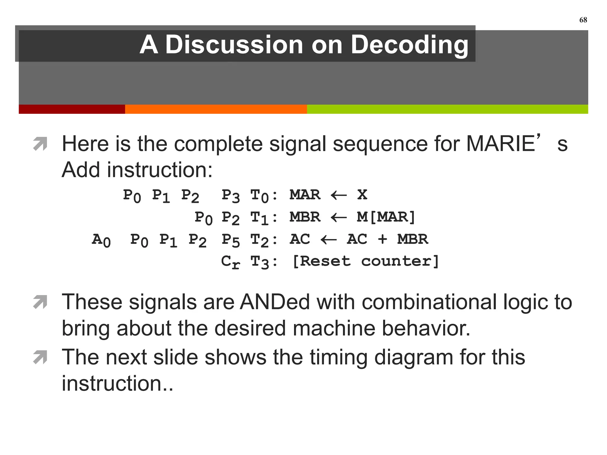 A Discussion on Decoding
 Here is the complete signal sequence for MARIE’s
Add instruction:
P0 P1 P2 P3 T0: MAR  X
P0 P2 T1: MBR  M[MAR]
A0 P0 P1 P2 P5 T2: AC  AC + MBR
Cr T3: [Reset counter]
 These signals are ANDed with combinational logic to
bring about the desired machine behavior.
 The next slide shows the timing diagram for this
instruction..
68
 