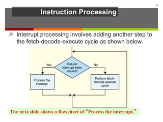 Instruction Processing
 Interrupt processing involves adding another step to
the fetch-decode-execute cycle as shown below.
45
The next slide shows a flowchart of “Process the interrupt.”
 