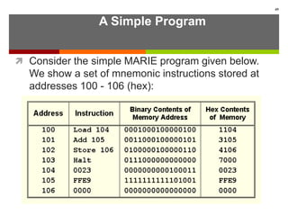 A Simple Program
 Consider the simple MARIE program given below.
We show a set of mnemonic instructions stored at
addresses 100 - 106 (hex):
49
 