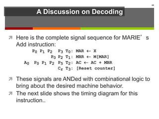 A Discussion on Decoding
 Here is the complete signal sequence for MARIE’s
Add instruction:
P0 P1 P2 P3 T0: MAR  X
P0 P2 T1: MBR  M[MAR]
A0 P0 P1 P2 P5 T2: AC  AC + MBR
Cr T3: [Reset counter]
 These signals are ANDed with combinational logic to
bring about the desired machine behavior.
 The next slide shows the timing diagram for this
instruction..
68
 