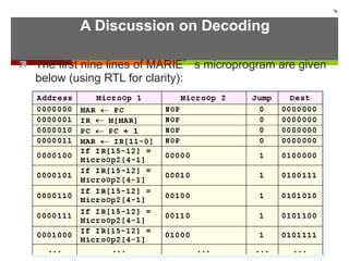 A Discussion on Decoding
 The first nine lines of MARIE’s microprogram are given
below (using RTL for clarity):
76
 
