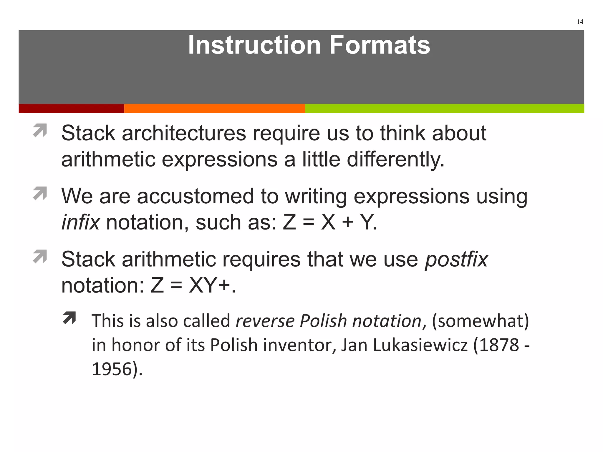 Instruction Formats
 Stack architectures require us to think about
arithmetic expressions a little differently.
 We are accustomed to writing expressions using
infix notation, such as: Z = X + Y.
 Stack arithmetic requires that we use postfix
notation: Z = XY+.
 This is also called reverse Polish notation, (somewhat)
in honor of its Polish inventor, Jan Lukasiewicz (1878 -
1956).
14
 