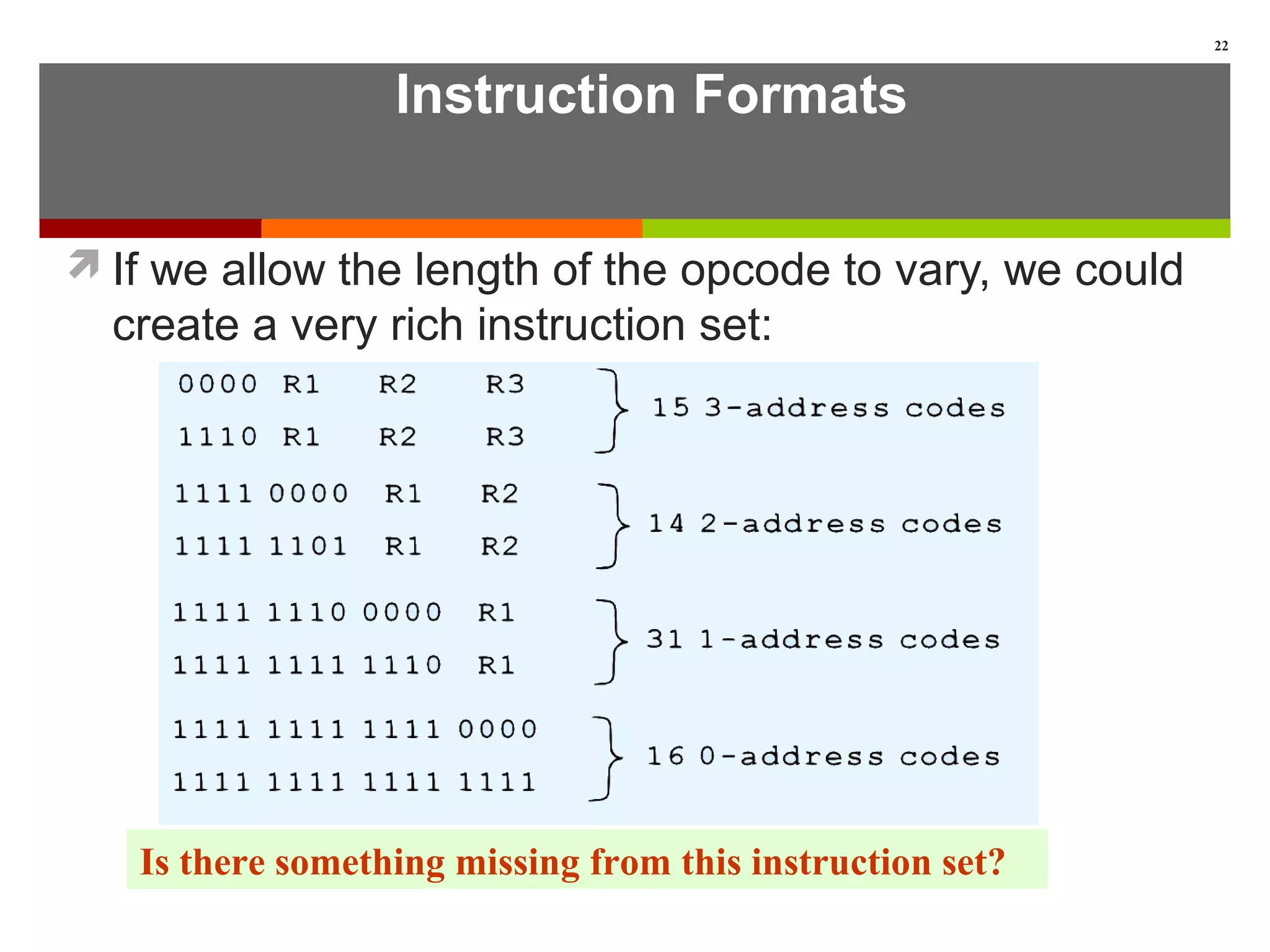 Instruction Formats
If we allow the length of the opcode to vary, we could
create a very rich instruction set:
22
Is there something missing from this instruction set?
 