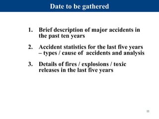Date to be gathered
1. Brief description of major accidents in
the past ten years
2. Accident statistics for the last five years
– types / cause of accidents and analysis
3. Details of fires / explosions / toxic
releases in the last five years
11
 