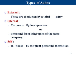 Types of Audits
 External :
– These are conducted by a third party
 Internal :
– Corporate : By headquarters
or
– personnel from other units of the same
company.
 Self :
– In –house – by the plant personnel themselves.
3
 