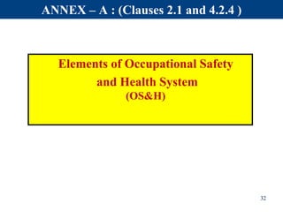 ANNEX – A : (Clauses 2.1 and 4.2.4 )
32
Elements of Occupational Safety
and Health System
(OS&H)
 