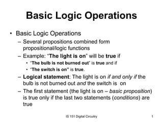 Basic Logic Operations
• Basic Logic Operations
– Several propositions combined form
propositional/logic functions
– Example: “The light is on” will be true if
• “The bulb is not burned out” is true and if
• “The switch is on” is true.

– Logical statement: The light is on if and only if the
bulb is not burned out and the switch is on
– The first statement (the light is on – basic proposition)
is true only if the last two statements (conditions) are
true
IS 151 Digital Circuitry

1

 