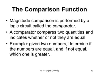 The Comparison Function
• Magnitude comparison is performed by a
logic circuit called the comparator.
• A comparator compares two quantities and
indicates whether or not they are equal.
• Example: given two numbers, determine if
the numbers are equal, and if not equal,
which one is greater.

IS 151 Digital Circuitry

10

 