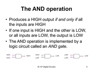 The AND operation
• Produces a HIGH output if and only if all
the inputs are HIGH
• If one input is HIGH and the other is LOW,
or all inputs are LOW, the output is LOW
• The AND operation is implemented by a
logic circuit called an AND gate.

IS 151 Digital Circuitry

5

 