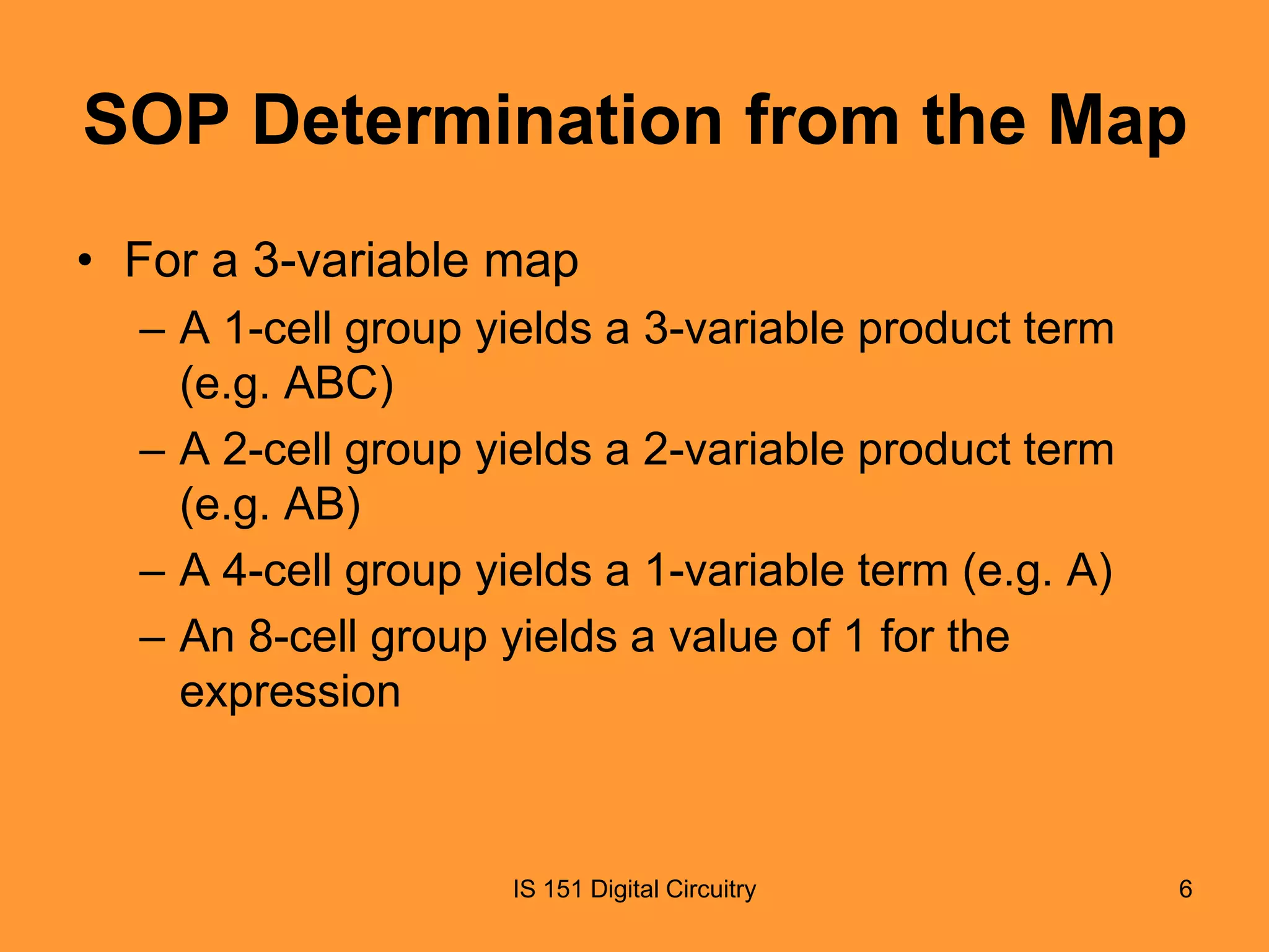 SOP Determination from the Map
• For a 3-variable map
– A 1-cell group yields a 3-variable product term
(e.g. ABC)
– A 2-cell group yields a 2-variable product term
(e.g. AB)
– A 4-cell group yields a 1-variable term (e.g. A)
– An 8-cell group yields a value of 1 for the
expression

IS 151 Digital Circuitry

6

 