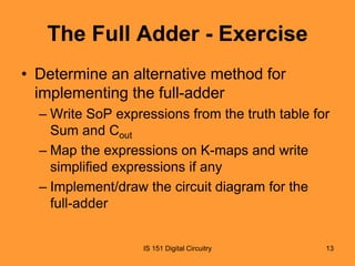 The Full Adder - Exercise
• Determine an alternative method for
implementing the full-adder
– Write SoP expressions from the truth table for
Sum and Cout
– Map the expressions on K-maps and write
simplified expressions if any
– Implement/draw the circuit diagram for the
full-adder

IS 151 Digital Circuitry

13

 