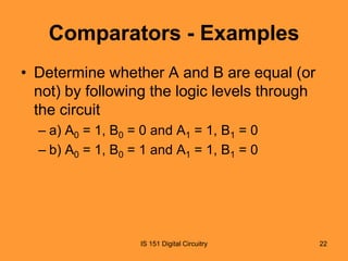Comparators - Examples
• Determine whether A and B are equal (or
not) by following the logic levels through
the circuit
– a) A0 = 1, B0 = 0 and A1 = 1, B1 = 0
– b) A0 = 1, B0 = 1 and A1 = 1, B1 = 0

IS 151 Digital Circuitry

22

 