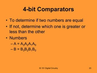4-bit Comparators
• To determine if two numbers are equal
• If not, determine which one is greater or
less than the other
• Numbers
– A = A3A2A1A0
– B = B3B2B1B0

IS 151 Digital Circuitry

23

 