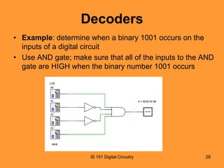 Decoders
• Example: determine when a binary 1001 occurs on the
inputs of a digital circuit
• Use AND gate; make sure that all of the inputs to the AND
gate are HIGH when the binary number 1001 occurs

IS 151 Digital Circuitry

28

 