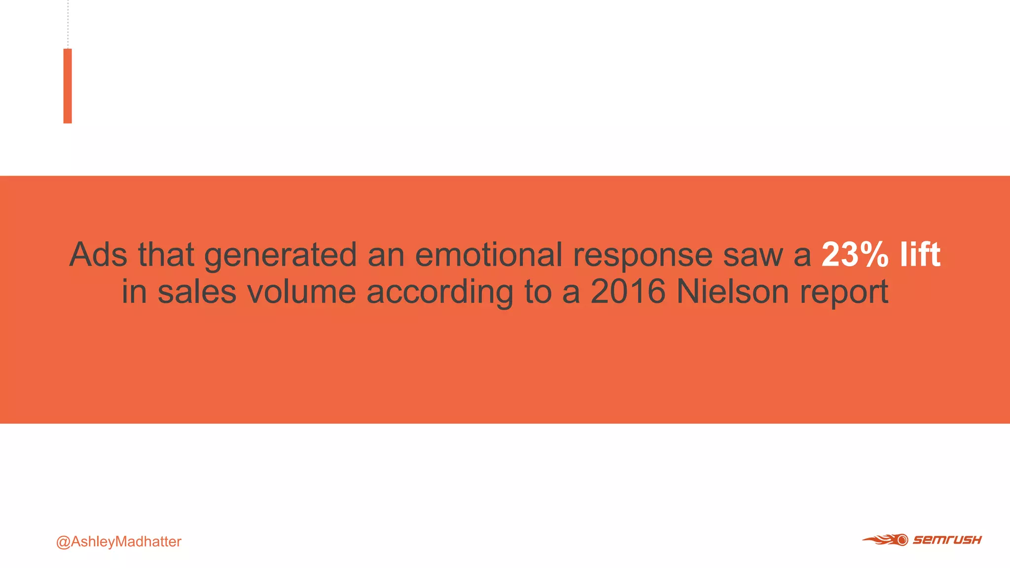 @AshleyMadhatter
Ads that generated an emotional response saw a 23% lift
in sales volume according to a 2016 Nielson report
 
