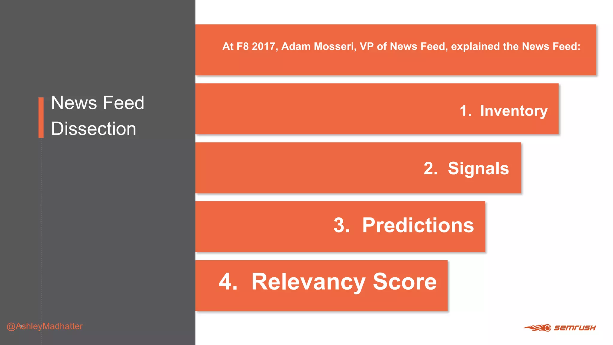 7
News Feed
Dissection
@AshleyMadhatter
At F8 2017, Adam Mosseri, VP of News Feed, explained the News Feed:
1. Inventory
2. Signals
3. Predictions
4. Relevancy Score
 