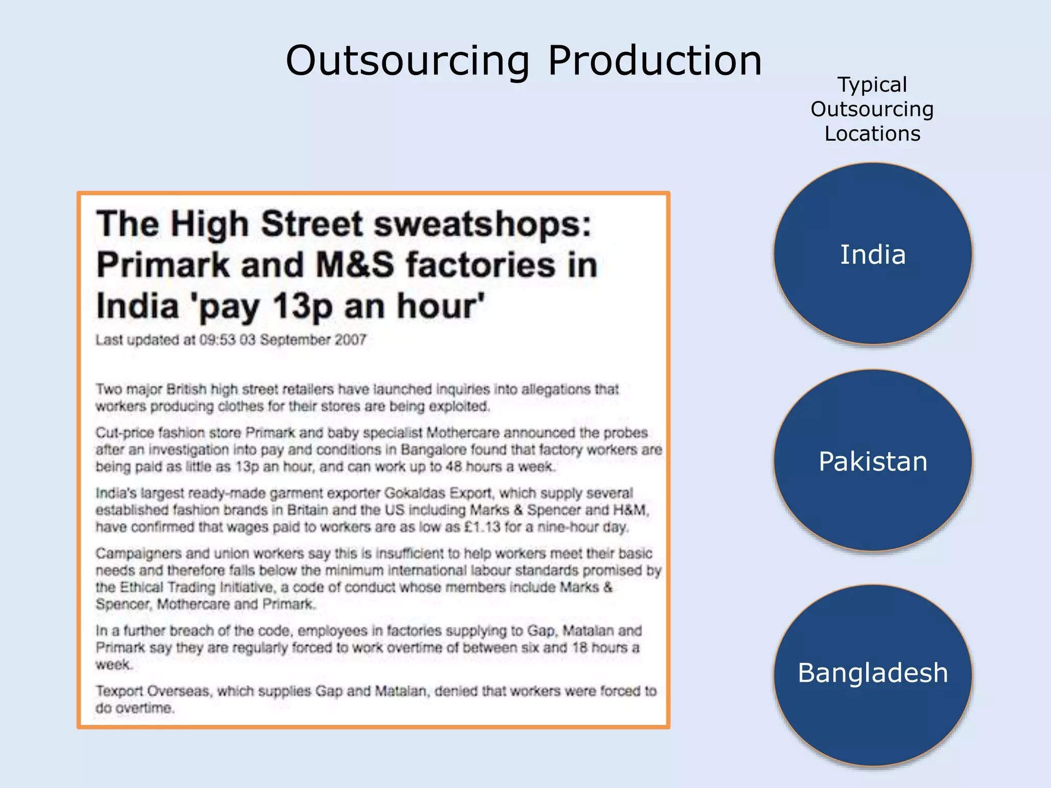 Outsourcing Production 
Typical 
Outsourcing 
Locations 
India 
Pakistan 
Bangladesh 
 