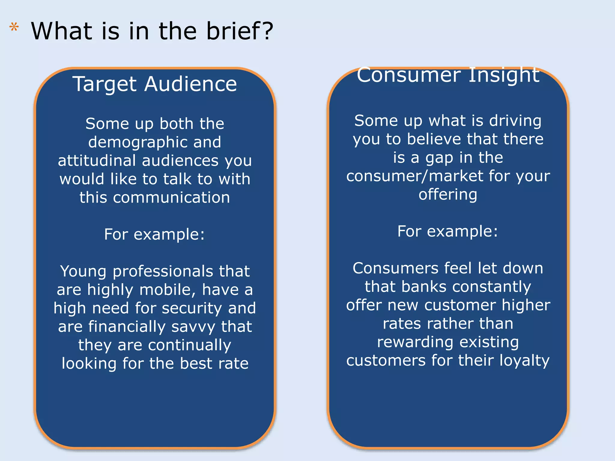 Target Audience 
Some up both the 
demographic and 
attitudinal audiences you 
would like to talk to with 
this communication 
For example: 
Young professionals that 
are highly mobile, have a 
high need for security and 
are financially savvy that 
they are continually 
looking for the best rate 
Consumer Insight 
Some up what is driving 
you to believe that there 
is a gap in the 
consumer/market for your 
offering 
For example: 
Consumers feel let down 
that banks constantly 
offer new customer higher 
rates rather than 
rewarding existing 
customers for their loyalty 
* What is in the brief? 
 
