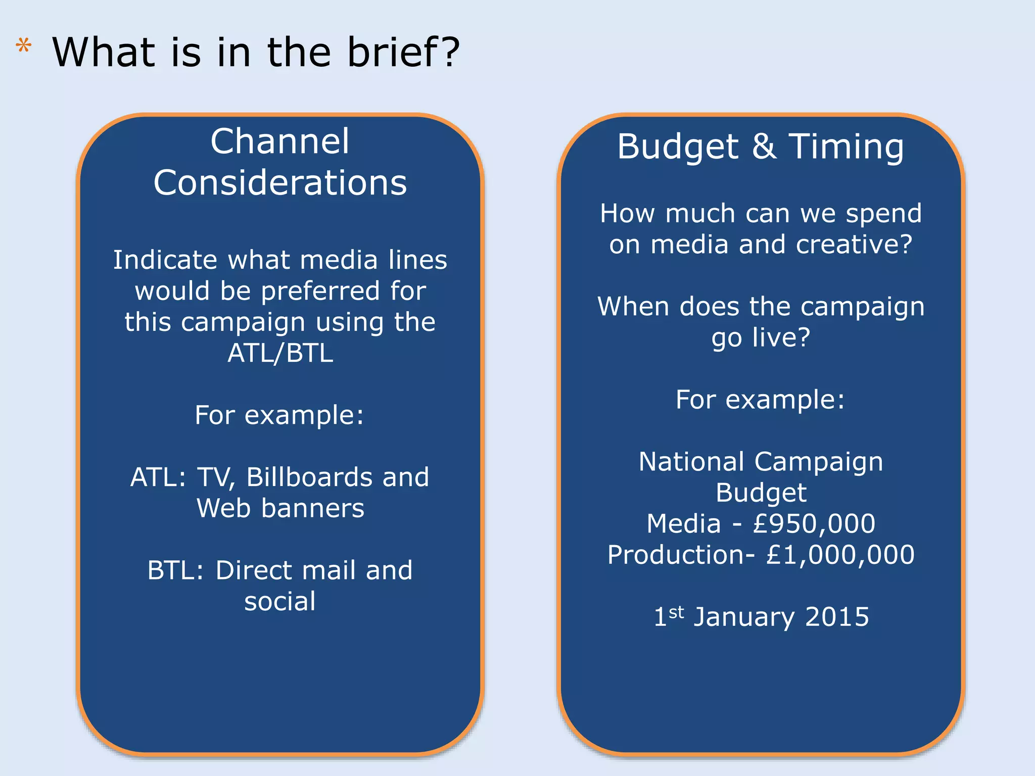Budget & Timing 
How much can we spend 
on media and creative? 
When does the campaign 
go live? 
For example: 
National Campaign 
Budget 
Media - £950,000 
Production- £1,000,000 
1st January 2015 
* What is in the brief? 
Channel 
Considerations 
Indicate what media lines 
would be preferred for 
this campaign using the 
ATL/BTL 
For example: 
ATL: TV, Billboards and 
Web banners 
BTL: Direct mail and 
social 
 