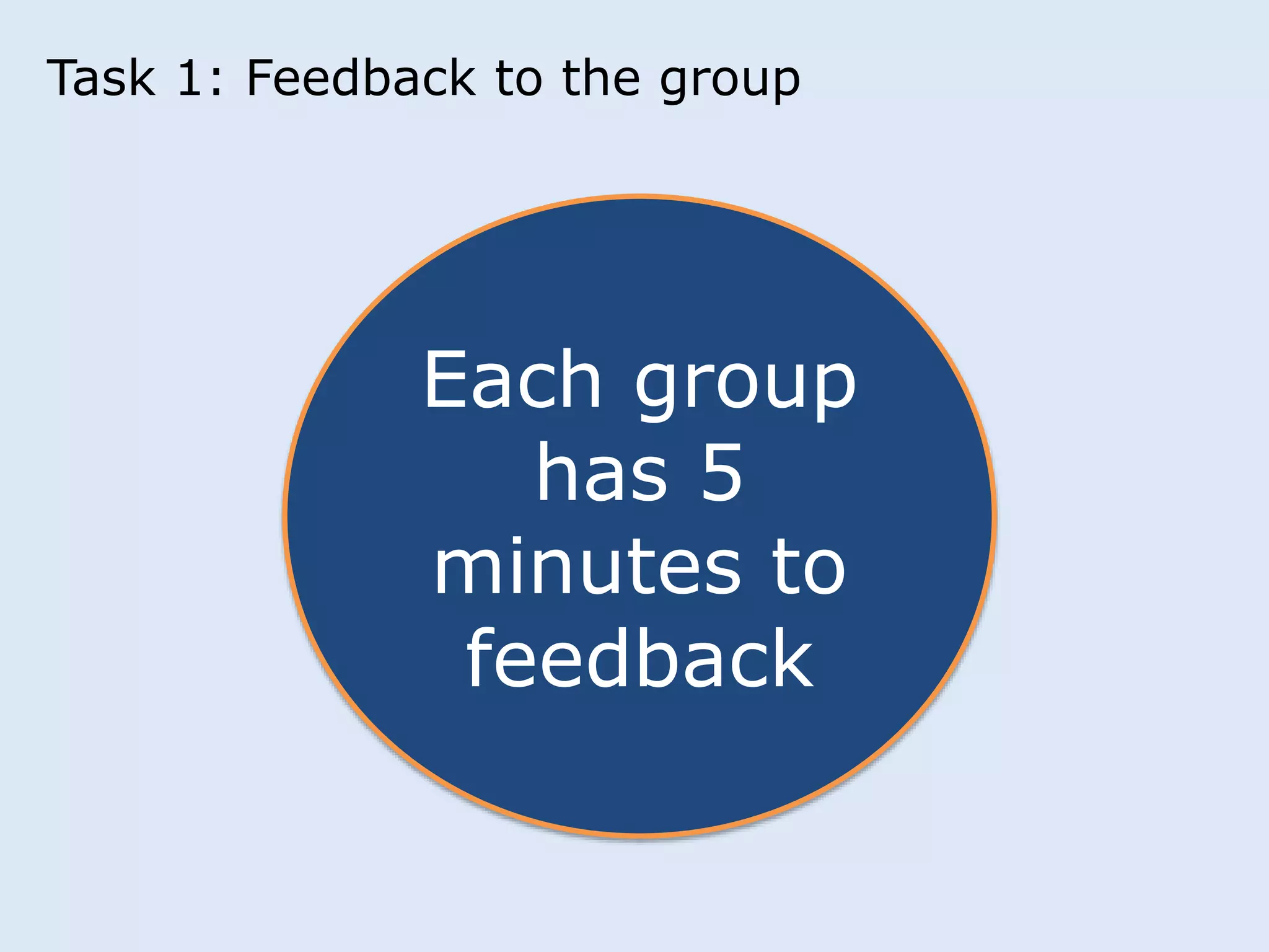 Task 1: Feedback to the group 
Each group 
has 5 
minutes to 
feedback 
 