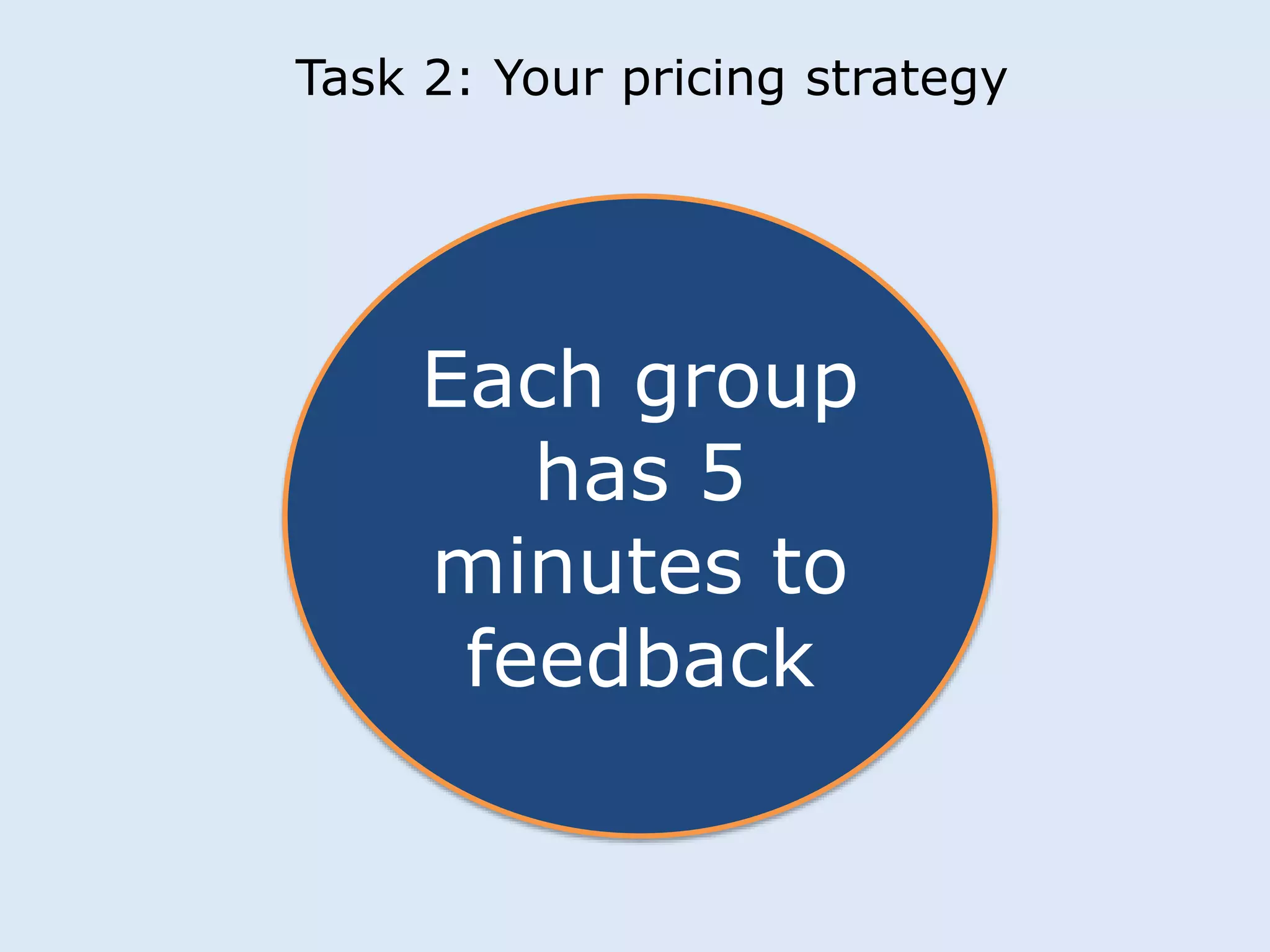Task 2: Your pricing strategy 
Each group 
has 5 
minutes to 
feedback 
 