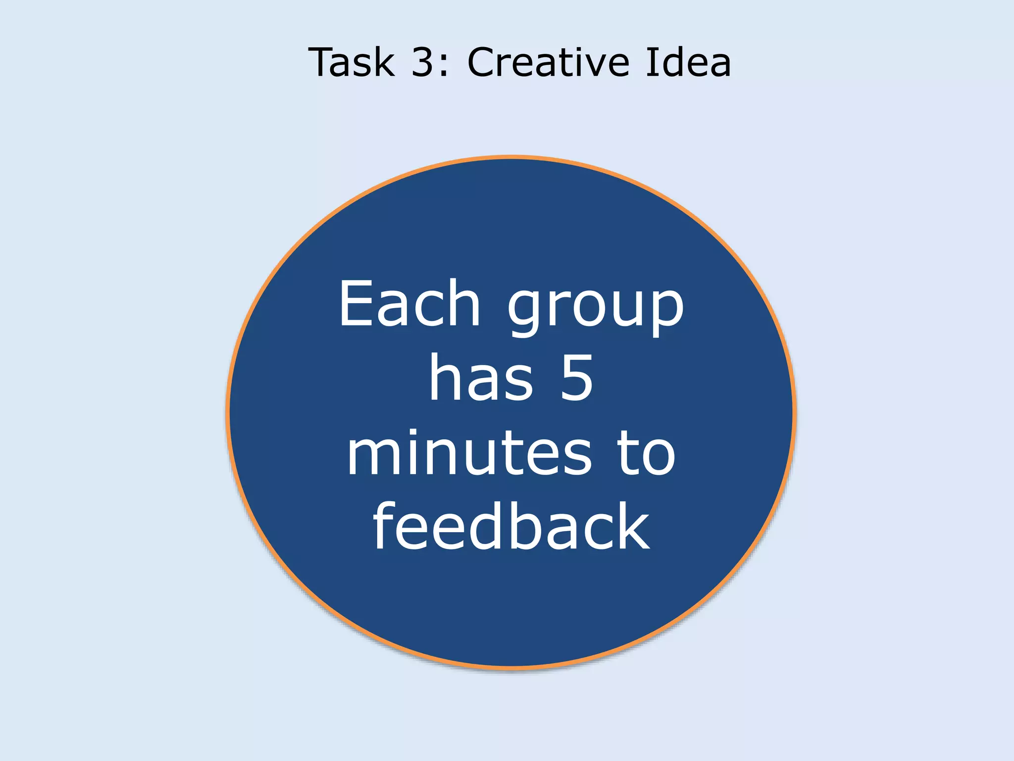Task 3: Creative Idea 
Each group 
has 5 
minutes to 
feedback 
 