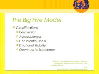The Big Five Model
 Classifications
 Extraversion
 Agreeableness
 Conscientiousness
 Emotional Stability
 Openness to Experience
Chapter 2, Nancy Langton and Stephen P. Robbins,
Fundamentals of Organizational Behaviour, Third
Canadian Edition
2-18
Copyright © 2007 Pearson Education Canada
 