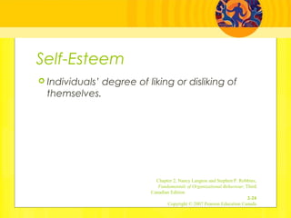 Self-Esteem
 Individuals’ degree of liking or disliking of
themselves.
Chapter 2, Nancy Langton and Stephen P. Robbins,
Fundamentals of Organizational Behaviour, Third
Canadian Edition
2-24
Copyright © 2007 Pearson Education Canada
 