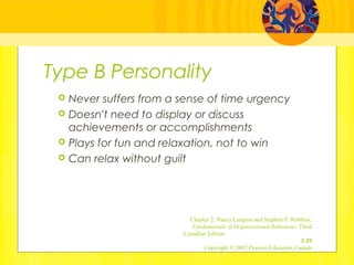 Type B Personality
 Never suffers from a sense of time urgency
 Doesn’t need to display or discuss
achievements or accomplishments
 Plays for fun and relaxation, not to win
 Can relax without guilt
Chapter 2, Nancy Langton and Stephen P. Robbins,
Fundamentals of Organizational Behaviour, Third
Canadian Edition
2-29
Copyright © 2007 Pearson Education Canada
 
