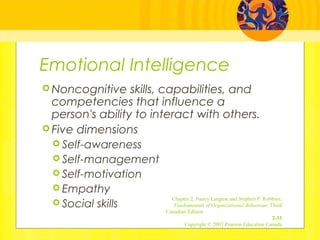 Emotional Intelligence
 Noncognitive skills, capabilities, and
competencies that influence a
person's ability to interact with others.
 Five dimensions
 Self-awareness
 Self-management
 Self-motivation
 Empathy
 Social skills
Chapter 2, Nancy Langton and Stephen P. Robbins,
Fundamentals of Organizational Behaviour, Third
Canadian Edition
2-33
Copyright © 2007 Pearson Education Canada
 