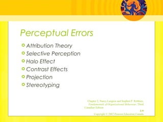 Perceptual Errors
 Attribution Theory
 Selective Perception
 Halo Effect
 Contrast Effects
 Projection
 Stereotyping
Chapter 2, Nancy Langton and Stephen P. Robbins,
Fundamentals of Organizational Behaviour, Third
Canadian Edition
2-9
Copyright © 2007 Pearson Education Canada
 