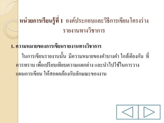 หน่ วยการเรียนรู้ ที่ 1 องค์ประกอบและวิธีการเขียนโครงร่ าง
รายงานทางวิชาการ
1. ความหมายของการเขียนรายงานทางวิชาการ
ในการเขียนรายงานนั้น มีความหมายของคาบางคา ใกล้เคียงกัน ที่
ควรทราบ เพื่อเปรี ยบเทียบความแตกต่าง และนาไปใช้ในการวาง
แผนการเขียน ให้สอดคล้องกับลักษณะของงาน

 