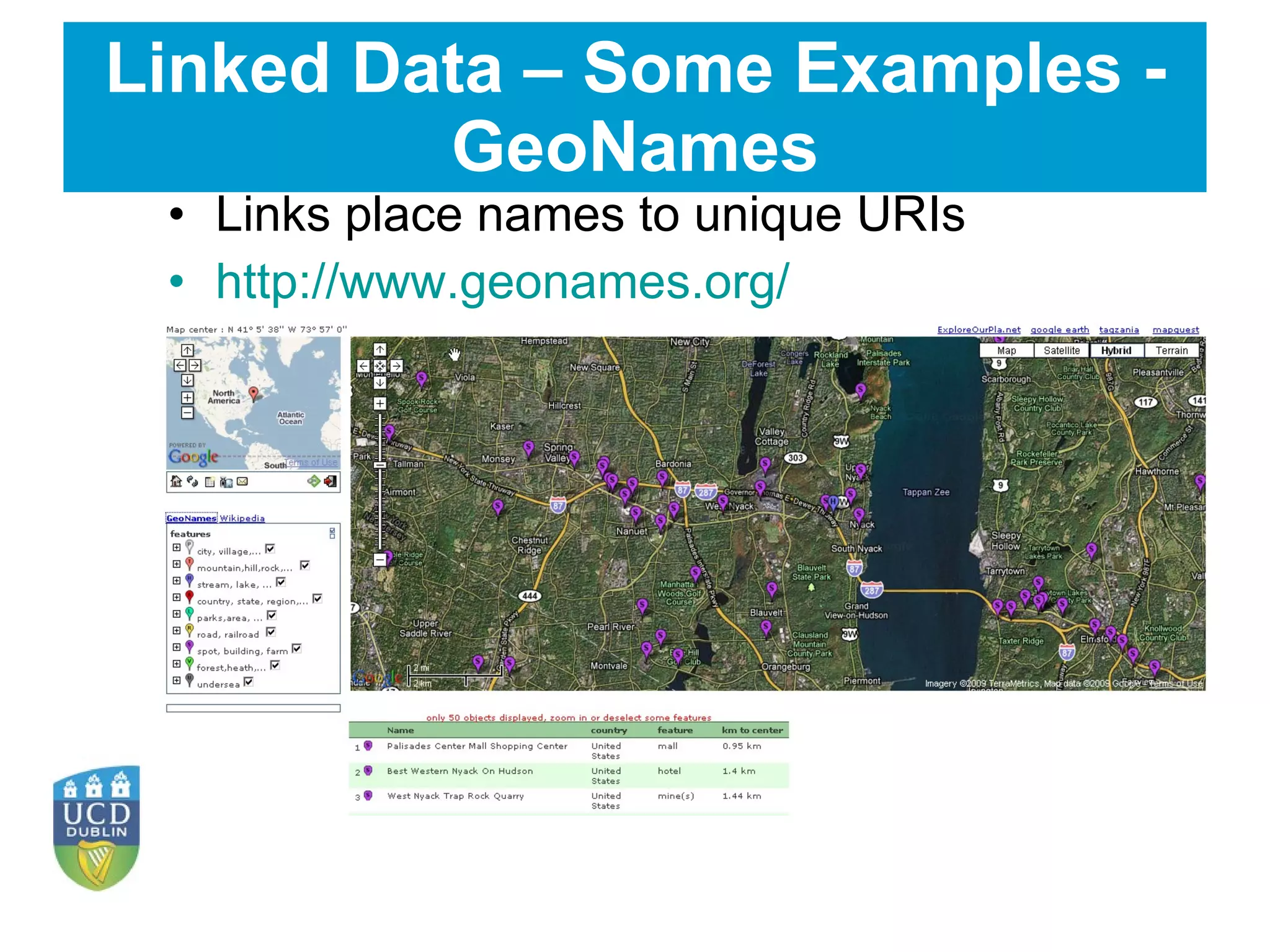 Linked Data – Some Examples - GeoNames Links place names to unique URIs http://www.geonames.org/ 