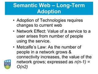 Semantic Web – Long-Term Adoption Adoption of Technologies requires changes to current web Network Effect: Value of a service to a user arises from number of people using the service. Metcalfe’s Law: As the number of people in a network grows & connectivity increases, the value of the network grows; expressed as  n(n-1) = O(n2) 