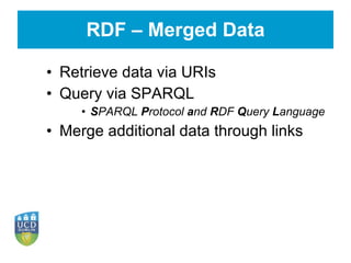 RDF – Merged Data Retrieve data via URIs Query via SPARQL S PARQL  P rotocol  a nd  R DF  Q uery  L anguage Merge additional data through links 