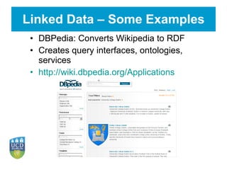 Linked Data – Some Examples DBPedia: Converts Wikipedia to RDF  Creates query interfaces, ontologies, services http://wiki.dbpedia.org/Applications 